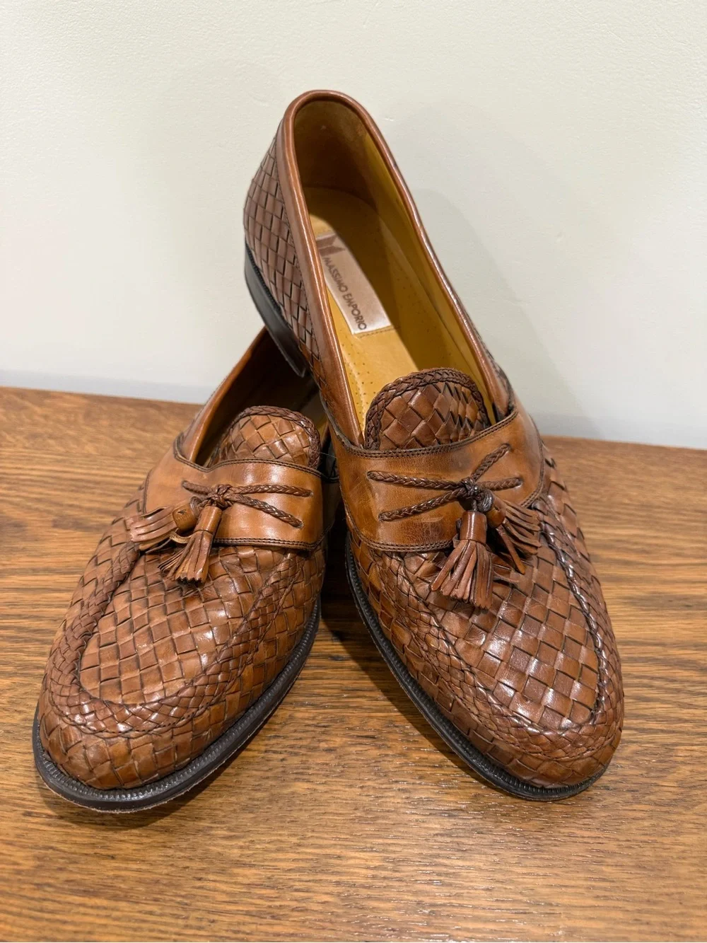 Woven Leather Tassel Loafers — Cognac Brown — Men’s 13M — Made in Spain